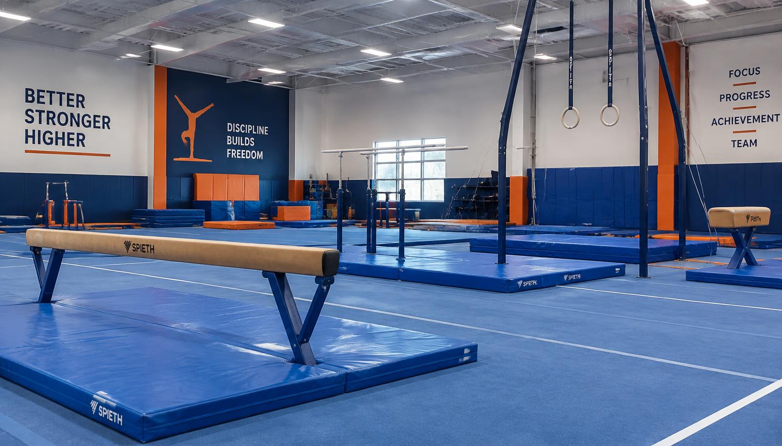 Gymnastics training gym with mats, beam, bars and rings